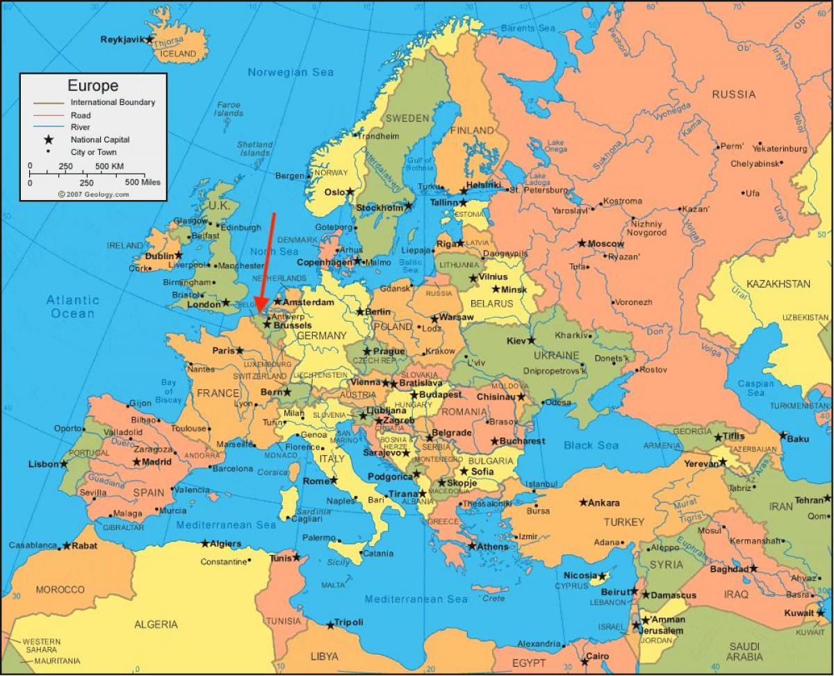 Localização da Bélgica no mapa da Europa Ocidental